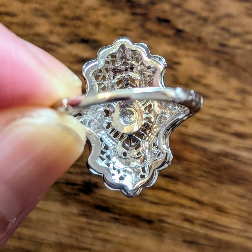 Art Deco Inspired Diamond Filigree Cocktail Ring in 14k White Gold Size 4 - Picture 4 of 6